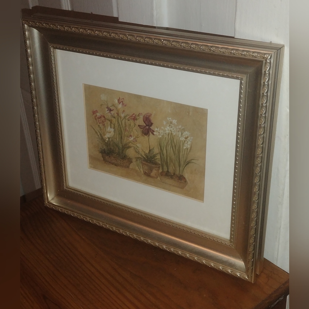 Floral Print Framed Freesia, Tulip, Narcissus Gold Silver Times Frame - Picture 2 of 6
